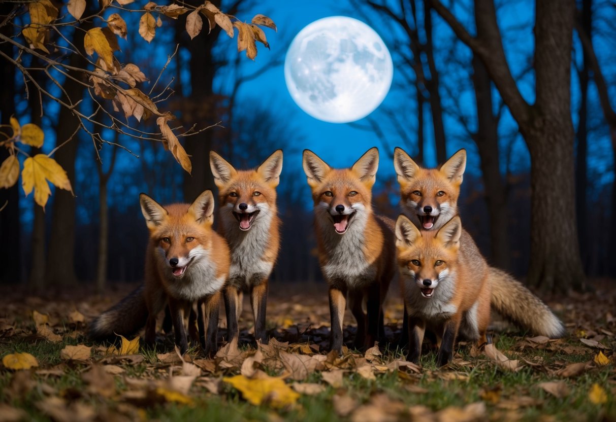 Foxes scream in the moonlit forest, surrounded by autumn leaves and bare branches