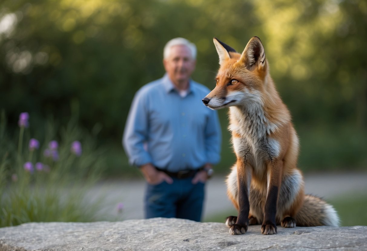 A fox cautiously watches a human from a safe distance, ears perked and tail held low