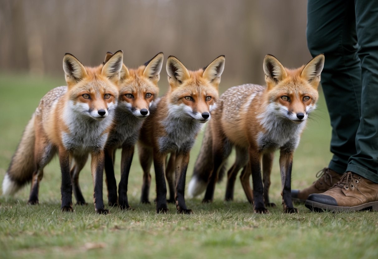 A group of wary foxes cautiously eye a nearby human presence, their ears pricked and bodies tense with apprehension