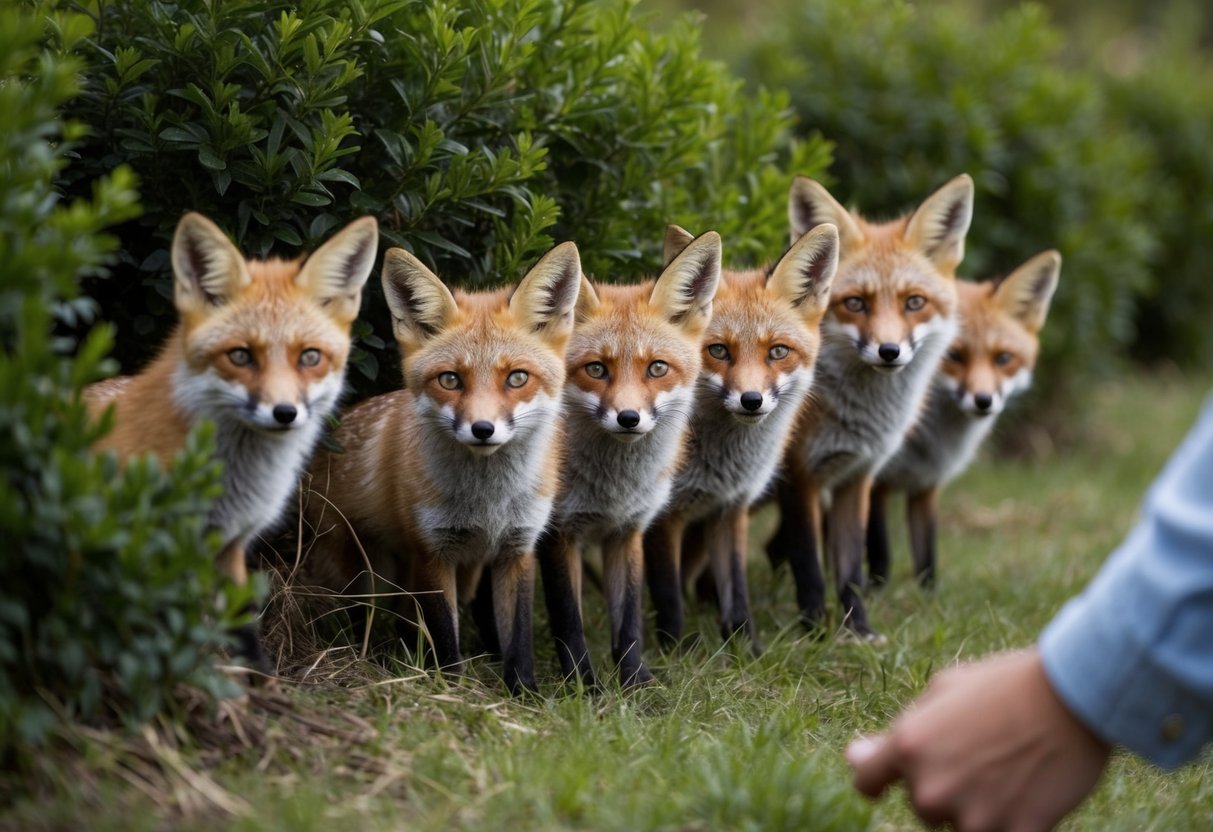 A group of foxes cautiously peek out from behind bushes, their ears perked and eyes wide with fear as they watch humans approaching