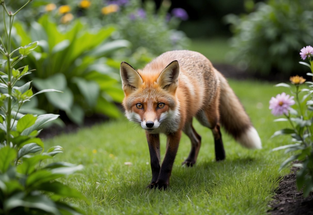 A fox cautiously prowls through a lush garden, its ears perked and eyes alert. Surrounding plants and flowers are undisturbed, creating a peaceful atmosphere
