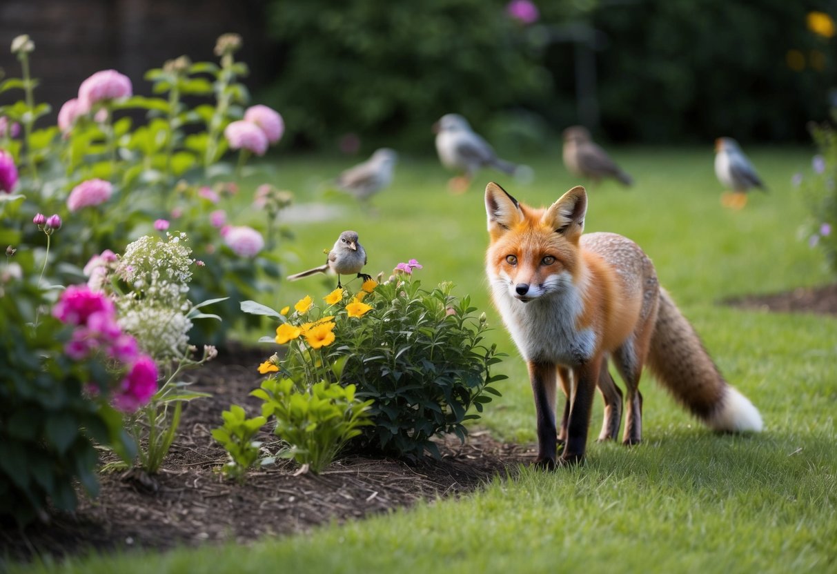 A garden with a fox peacefully exploring among the flowers and bushes, while birds and small animals look on from a safe distance