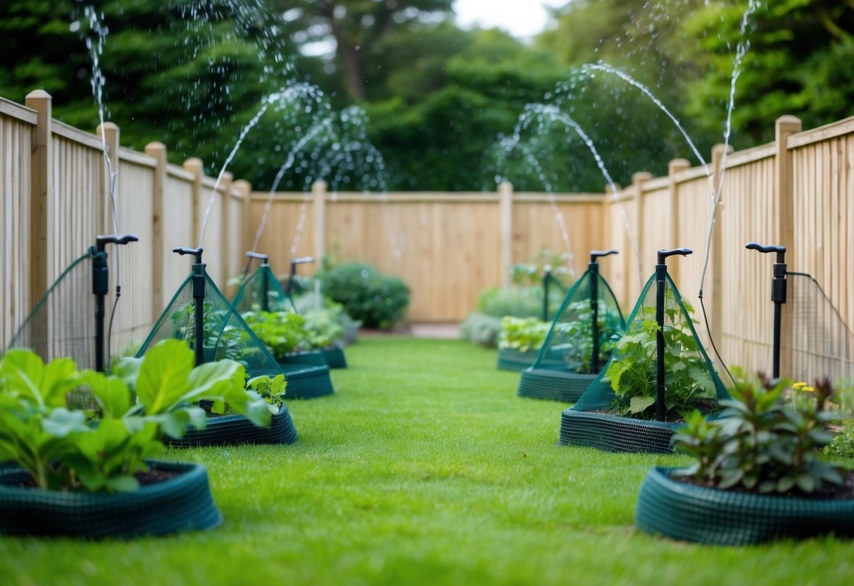 A garden with tall fences, motion-activated sprinklers, and mesh coverings on plants to deter foxes