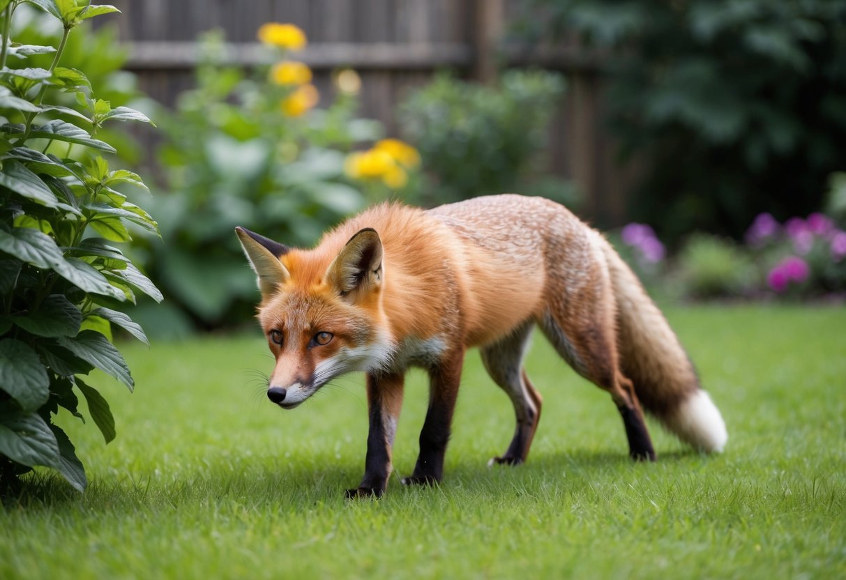 A fox cautiously explores a lush garden, sniffing the air and scanning for potential prey or threats