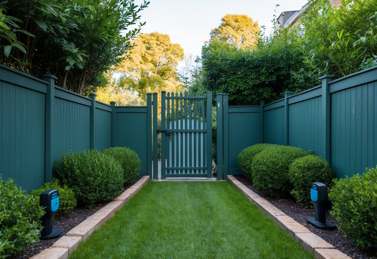 A garden enclosed by a tall fence with a sturdy gate, surrounded by dense shrubbery and equipped with motion-activated deterrents