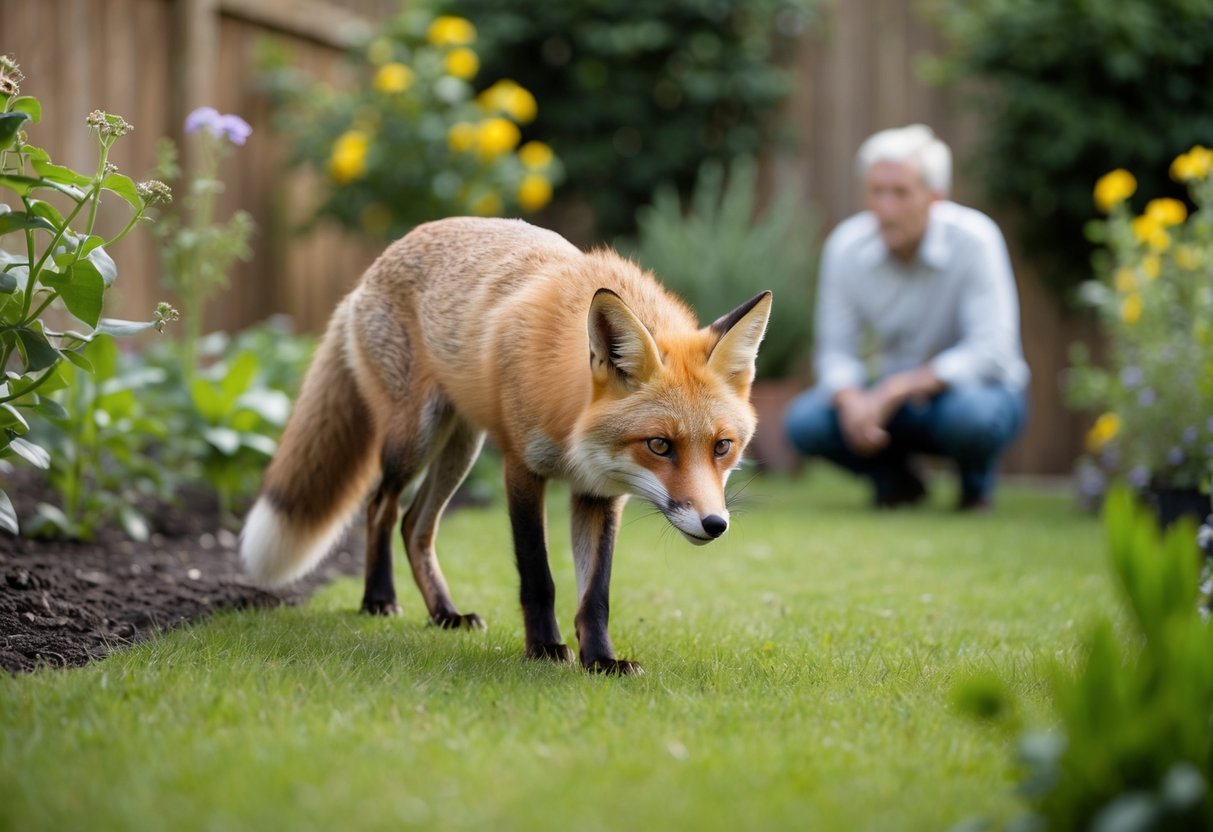 A garden with a fox cautiously exploring the surroundings, while a concerned homeowner looks on from a distance