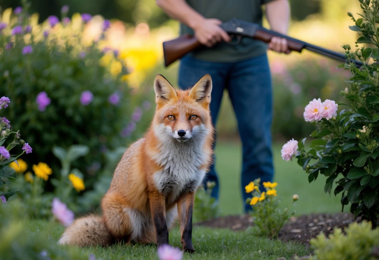 A fox in a garden, surrounded by flowers and bushes, with a person holding a gun in the background