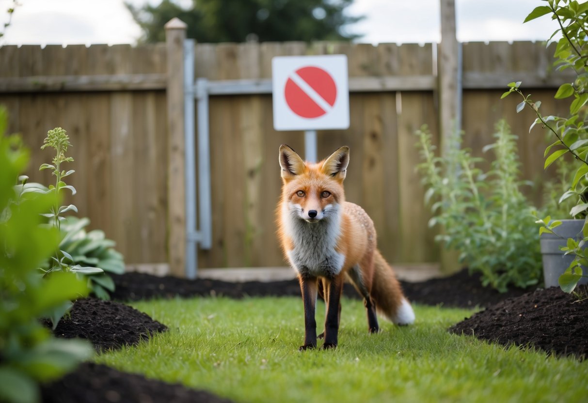 A fox stands in a garden, surrounded by a fence and plants. A sign with a red circle and line through it is posted on the fence