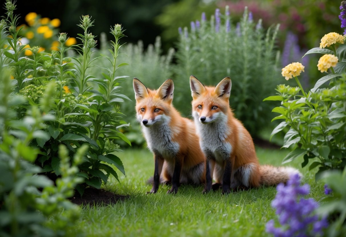 A lush garden with foxes peacefully coexisting among fragrant herbs and blooming flowers