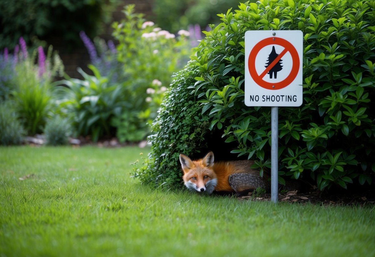 A tranquil garden with lush greenery, a cozy fox den nestled beneath a bush, and a sign indicating "No Shooting" in the UK