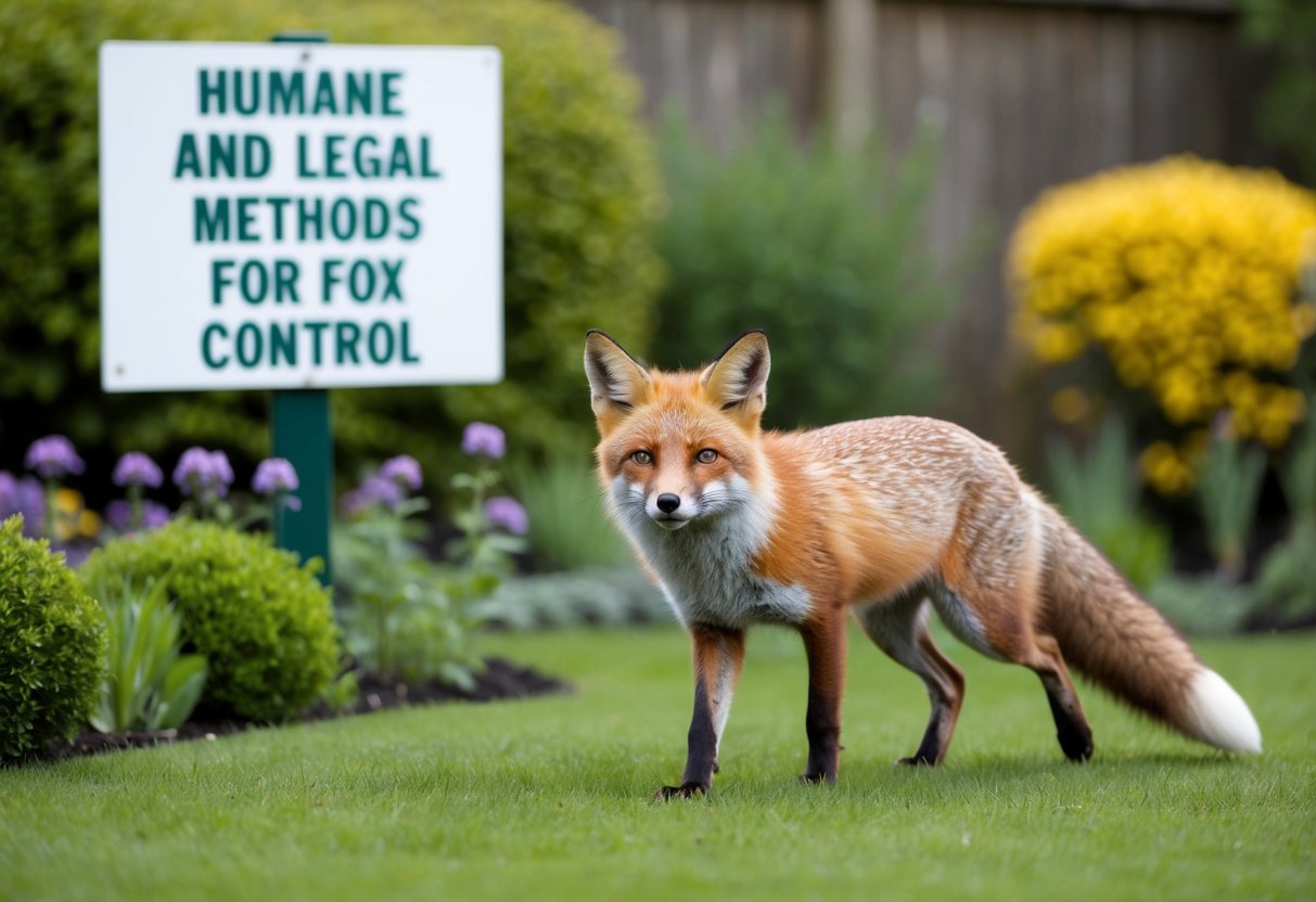 A fox peacefully roaming in a well-maintained garden, with a sign displaying "Humane and Legal Methods for Fox Control" in the background