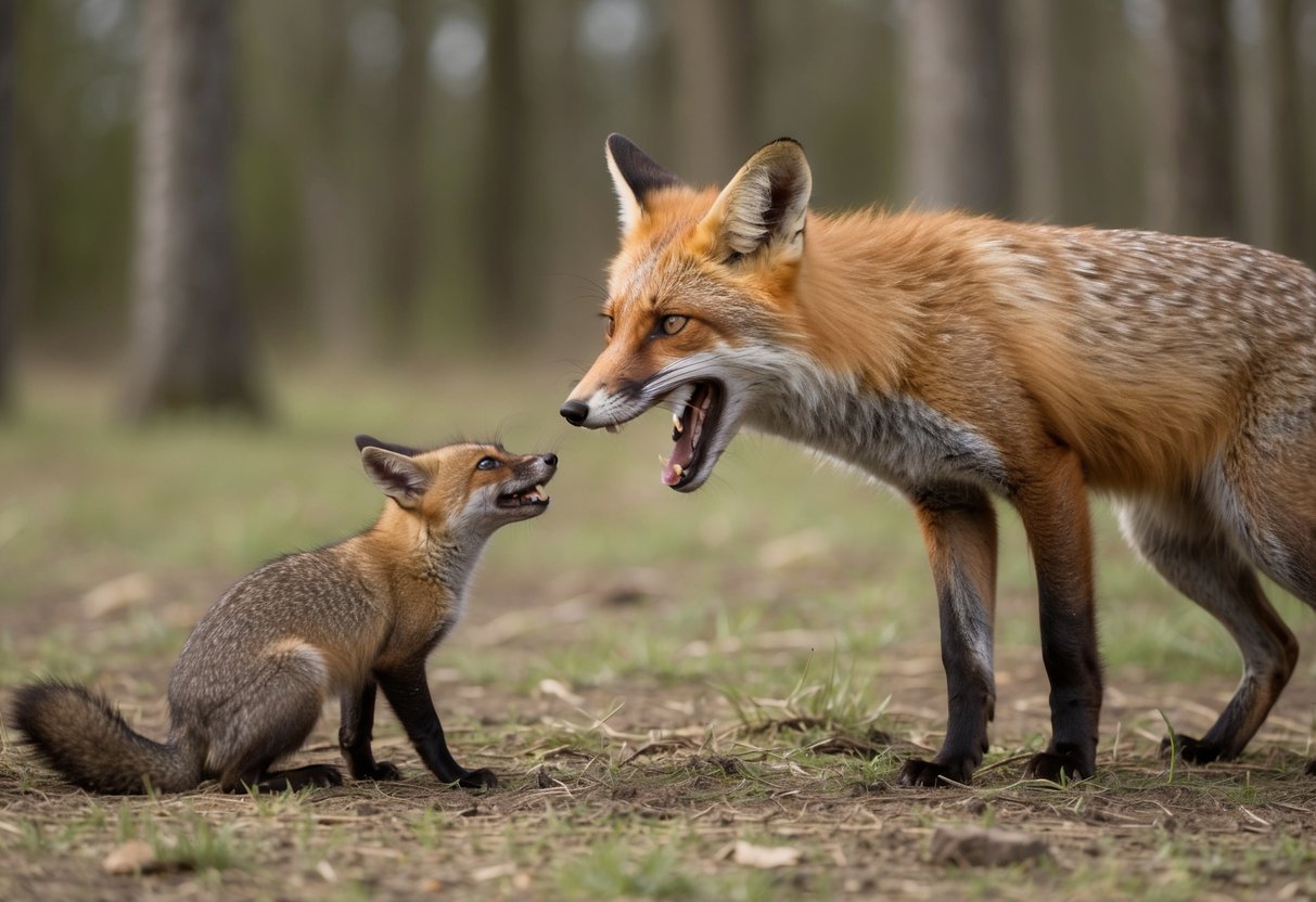 A fox snarling at a smaller animal while scavenging for food in a forest clearing
