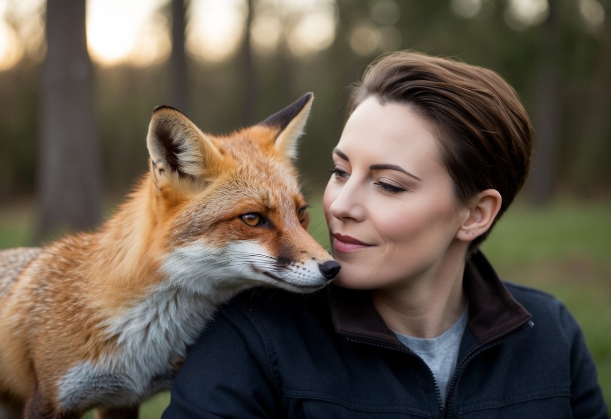 A fox nuzzles a person's cheek, while another leans against their side, both looking content and relaxed