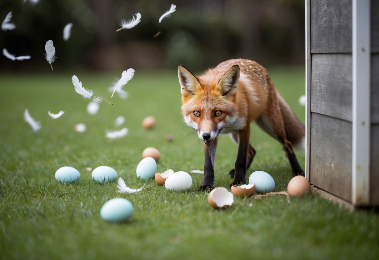 A fox raids a henhouse, scattering feathers and broken eggs