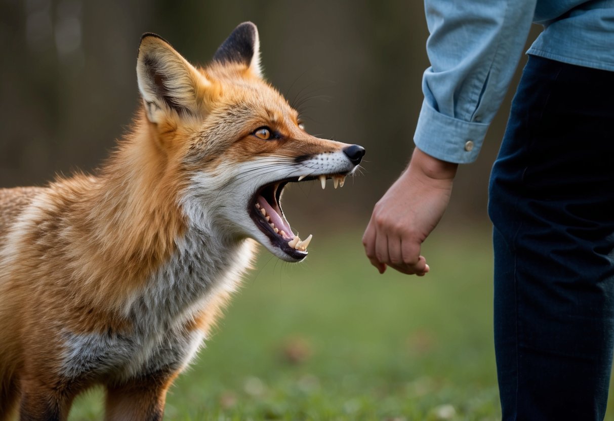 A fox bares its teeth and raises its fur, growling at a person approaching its den
