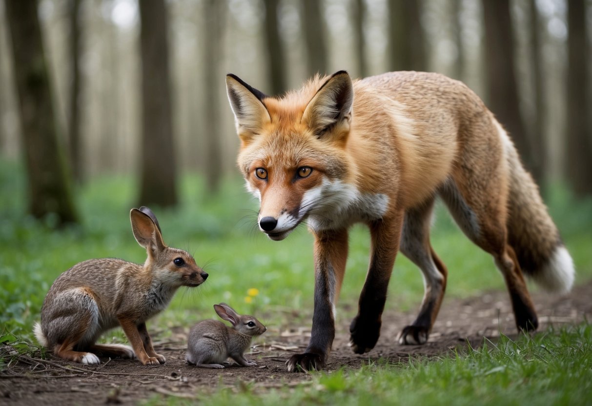 A fox prowls through a forest, its sharp eyes fixed on a small rodent. Nearby, a rabbit freezes in fear as the fox's presence disrupts the delicate balance of the ecosystem