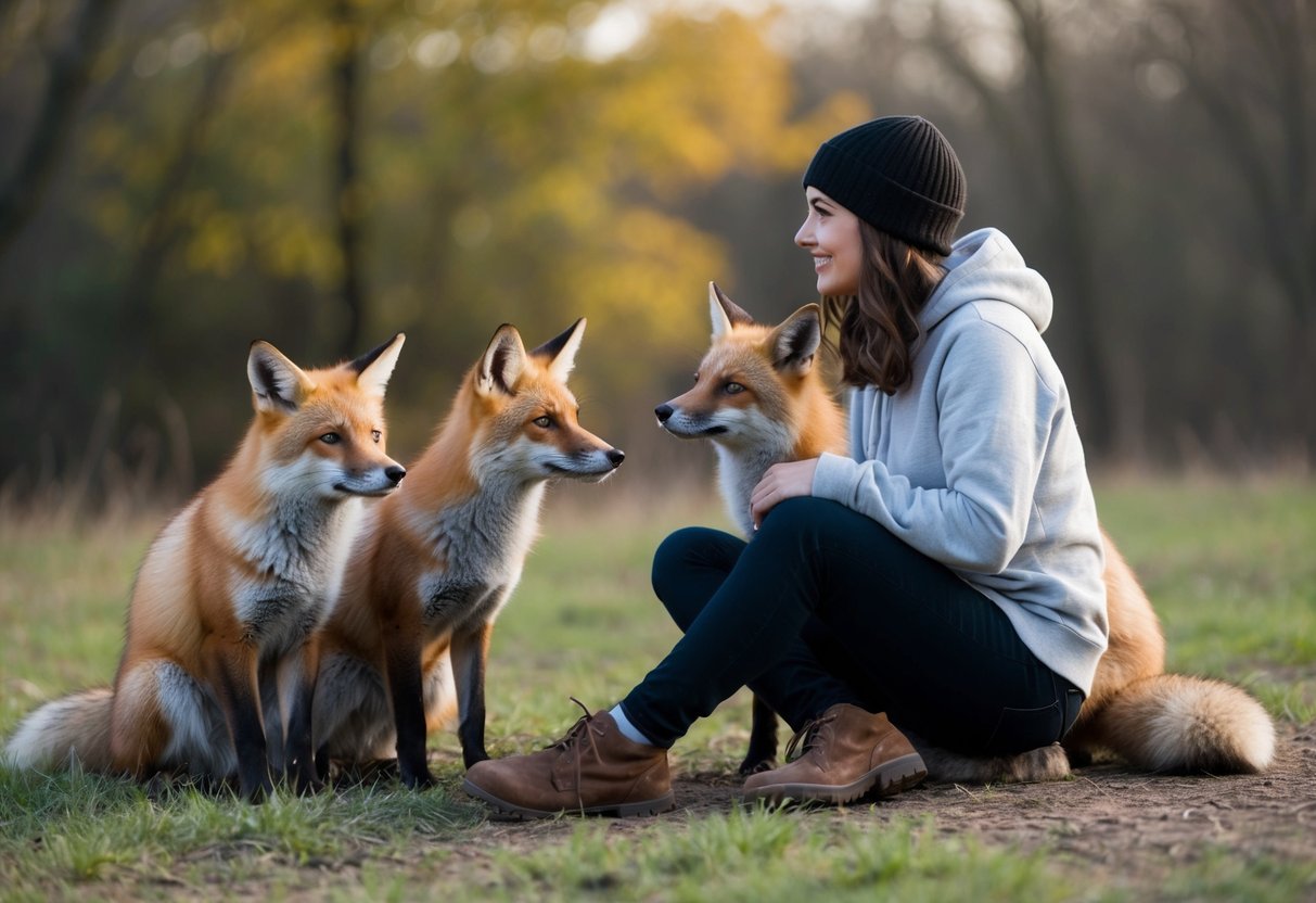 A person sitting on the ground, surrounded by a group of foxes, all looking at each other with curiosity and interest