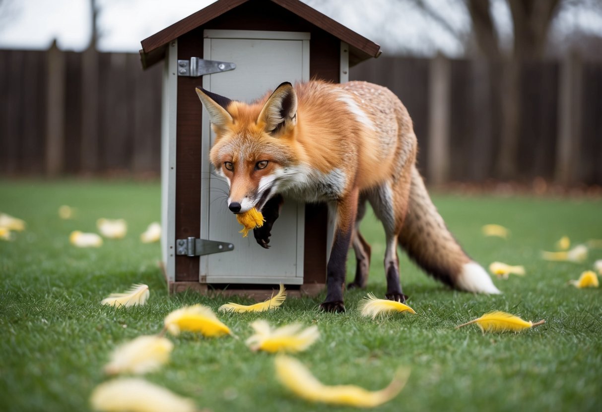 A fox gnaws on a chicken coop, feathers scattered
