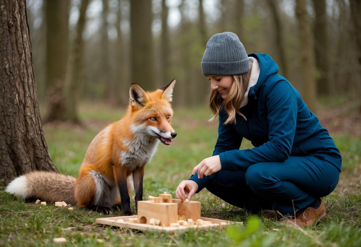 A fox and a person engage in playful activities, such as hiding treats and solving puzzles together in a natural, wooded environment