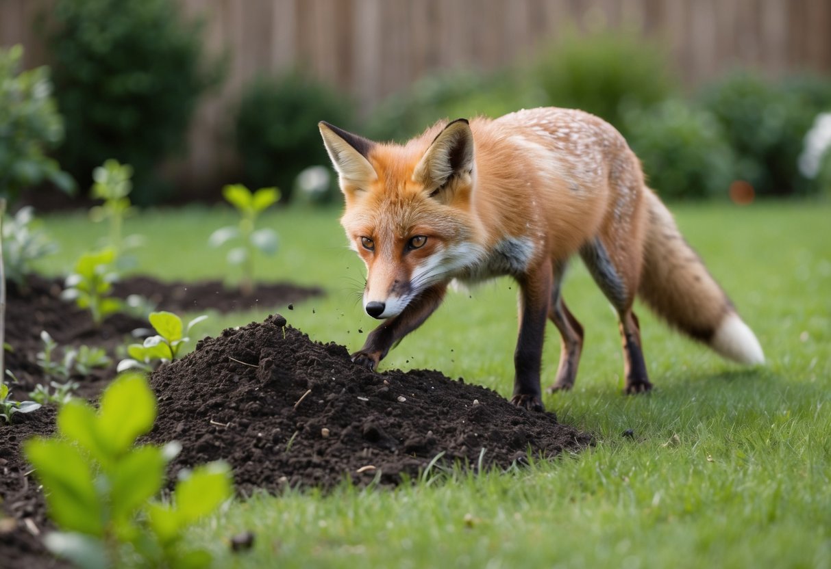A fox digs up a garden, scattering plants and soil