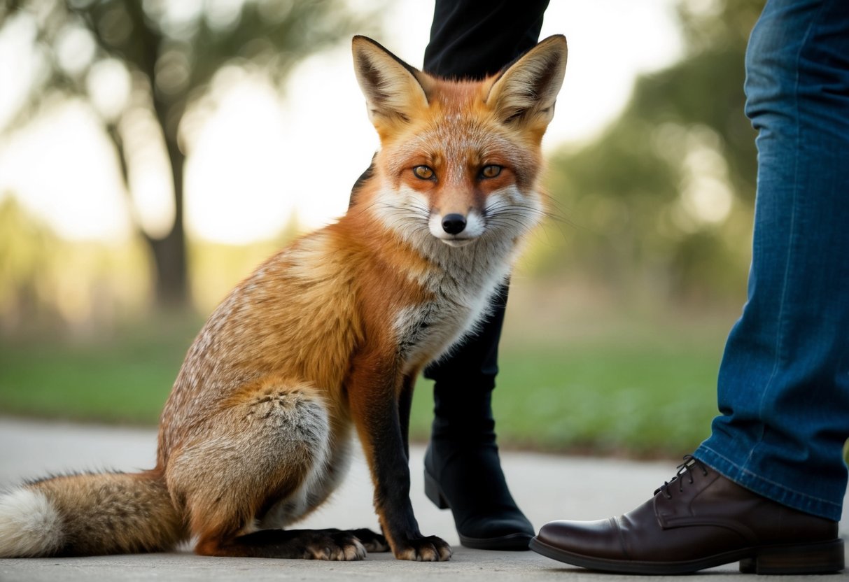 A domesticated red fox nuzzling against a person's leg, showing affection and trust