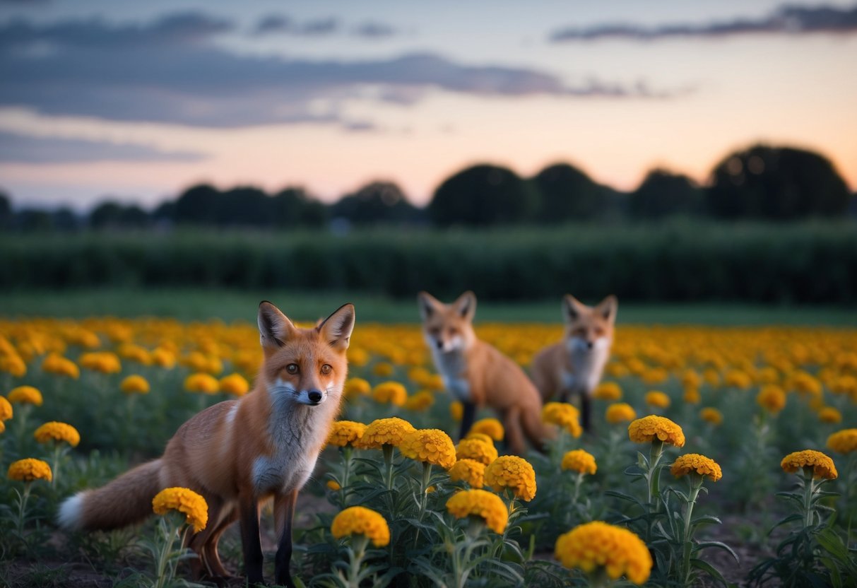A field of pungent marigolds repelling foxes at dusk