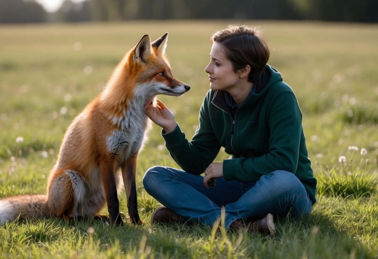 A red fox and a person sit in a field, gazing at each other with curiosity and trust