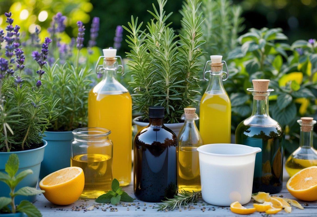A garden filled with aromatic plants like lavender, rosemary, and mint, surrounded by strategically placed containers of vinegar, ammonia, and citrus peels