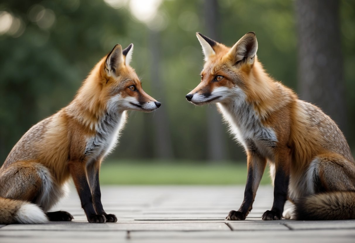 A fox and a human sitting side by side, gazing at each other with curiosity and trust