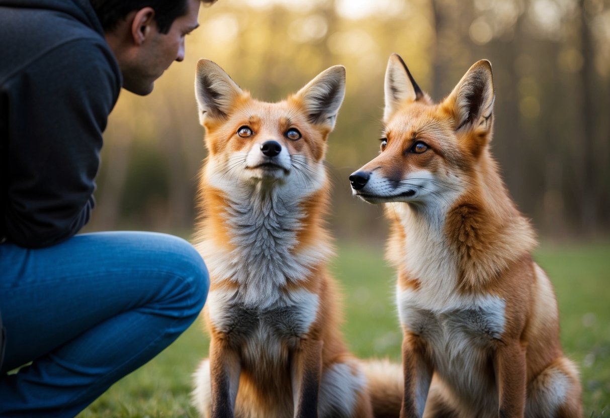 A fox and a dog sitting side by side, looking up at a human with curious and attentive expressions