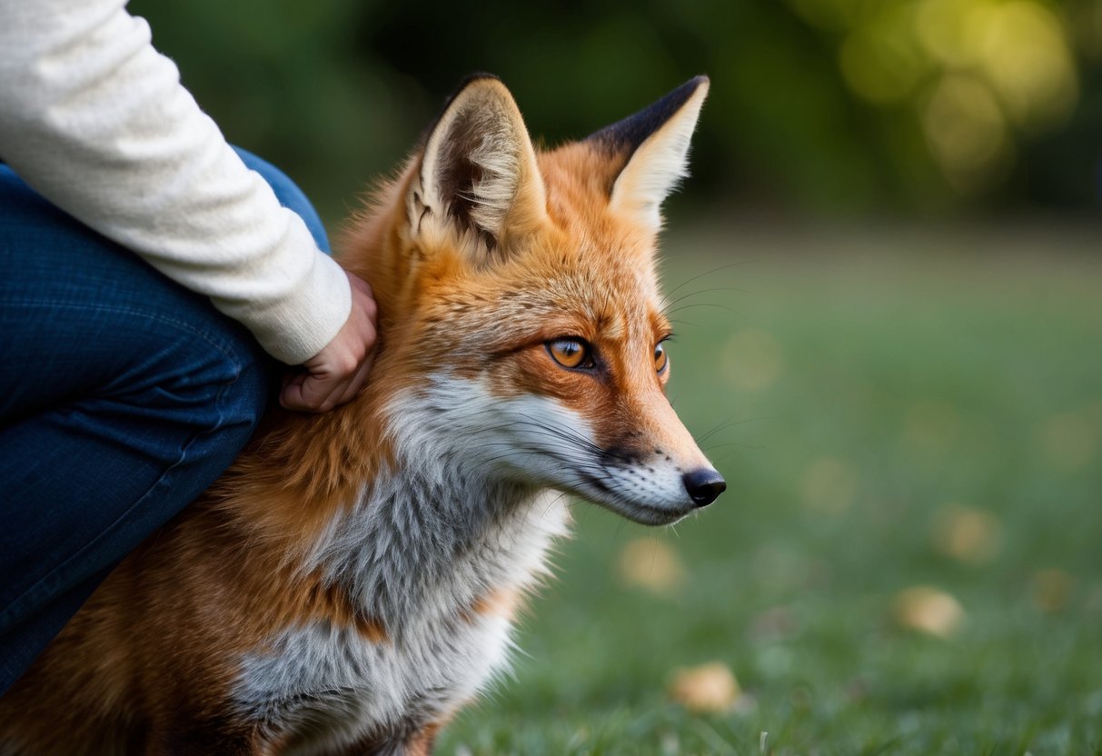 A red fox nuzzles against a person's leg, looking up with trusting eyes