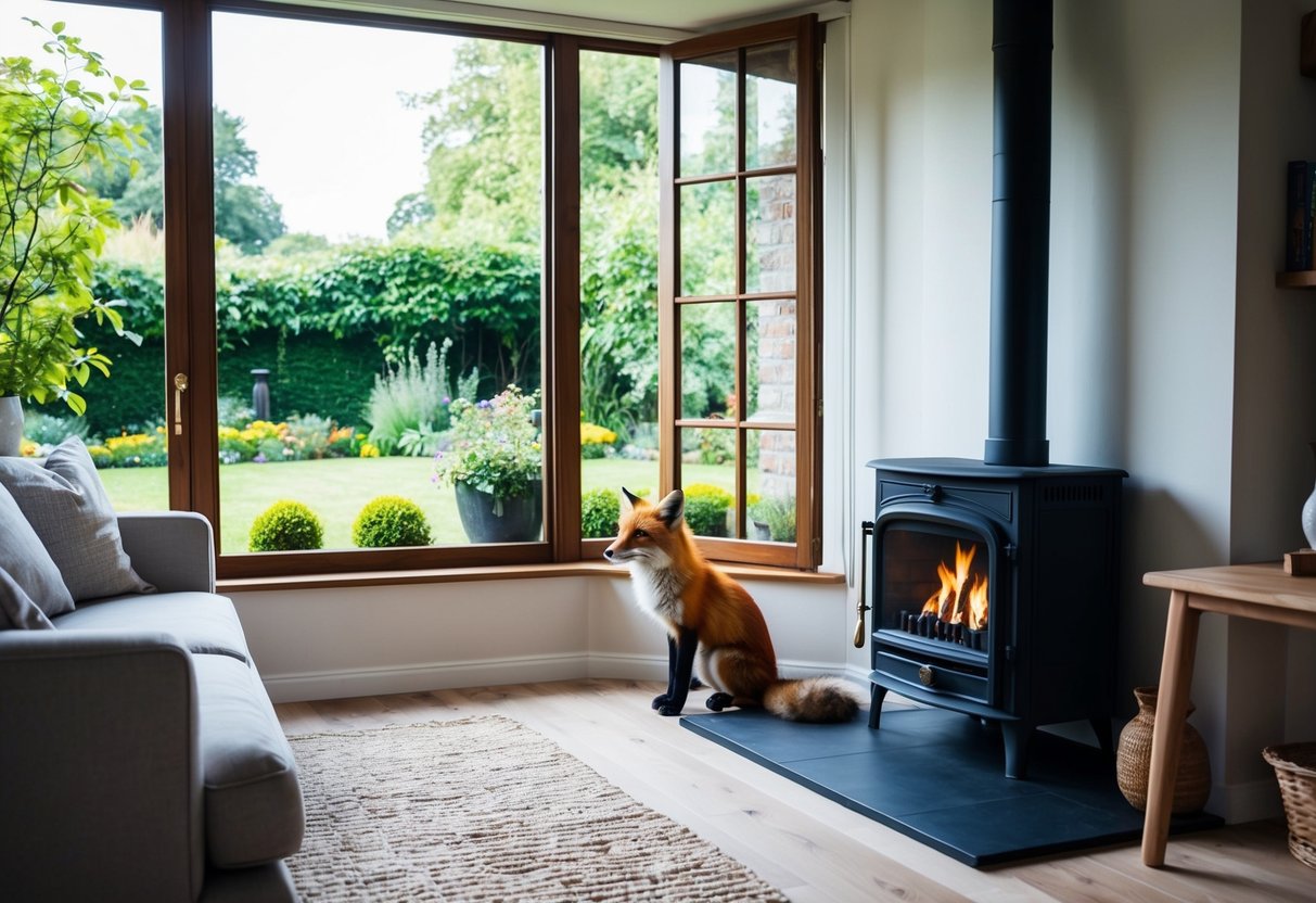 A cozy living room with a large window overlooking a lush garden. A fox sits by the fireplace, looking out at the greenery