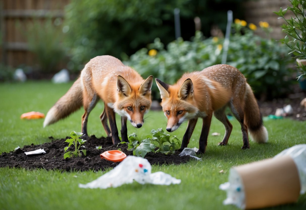 Foxes dig up plants and scatter trash in the garden