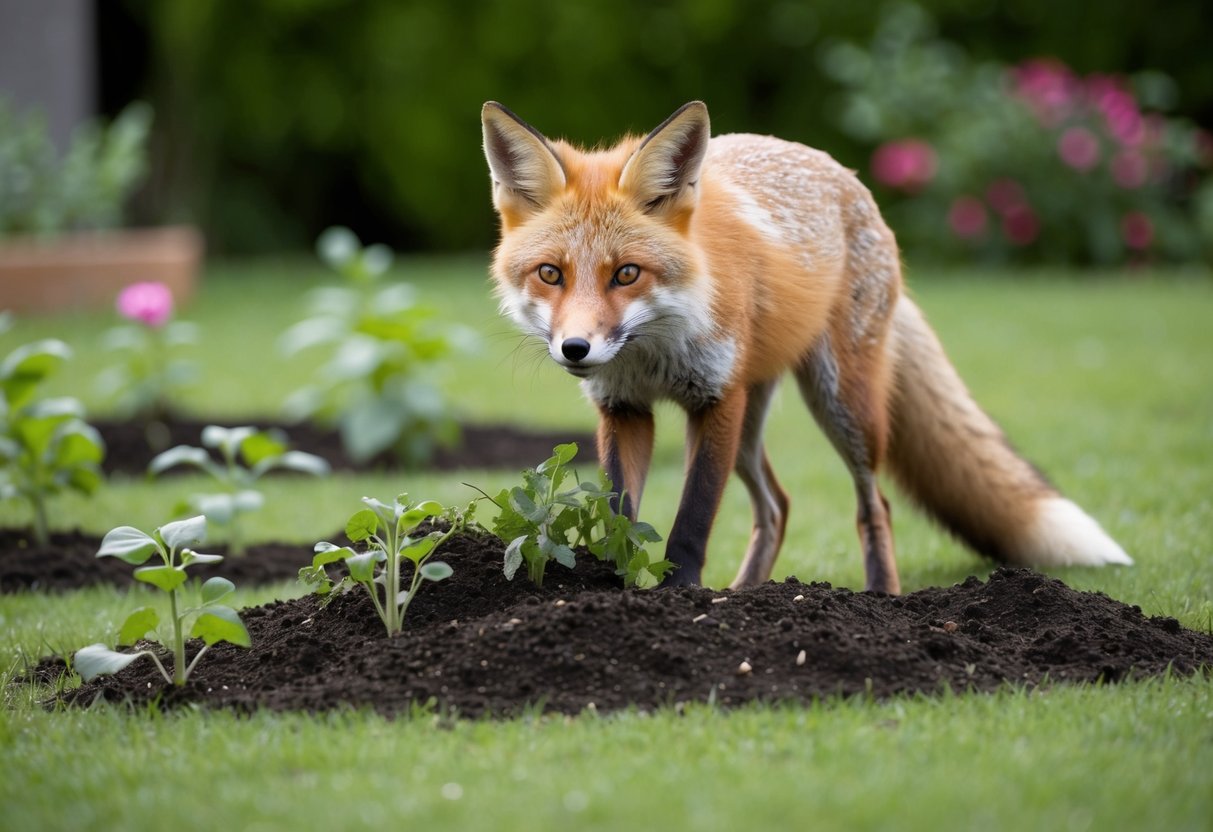 A fox digs up a garden, scattering plants and soil