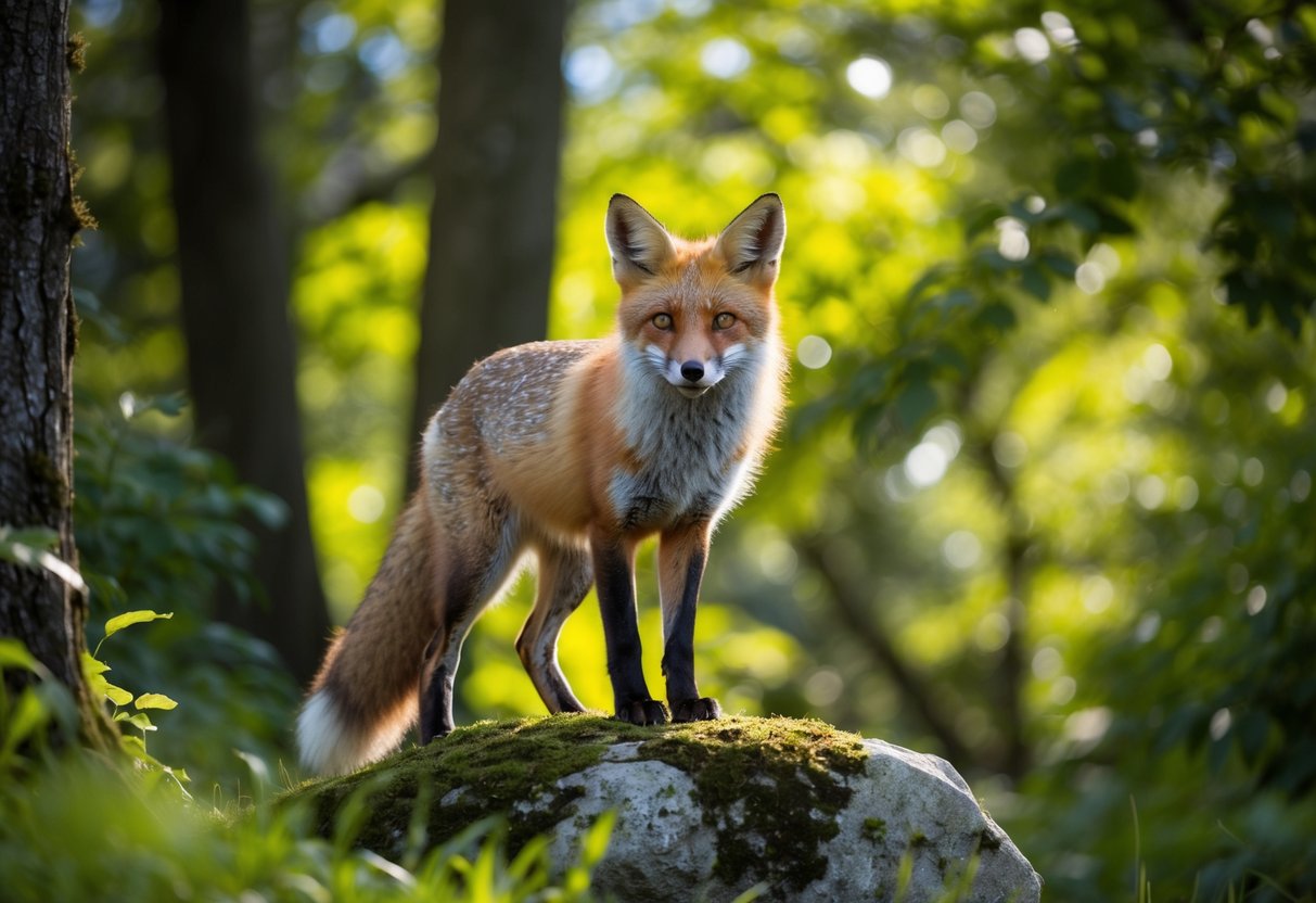 A fox stands on a mossy rock, surrounded by lush greenery and dappled sunlight filtering through the trees