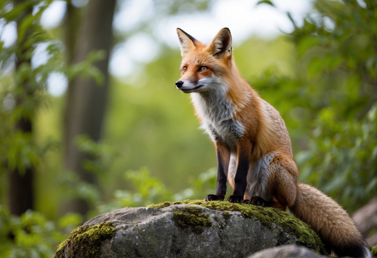 A fox sits atop a mossy rock, gazing into the distance with a wise and knowing expression, surrounded by lush greenery