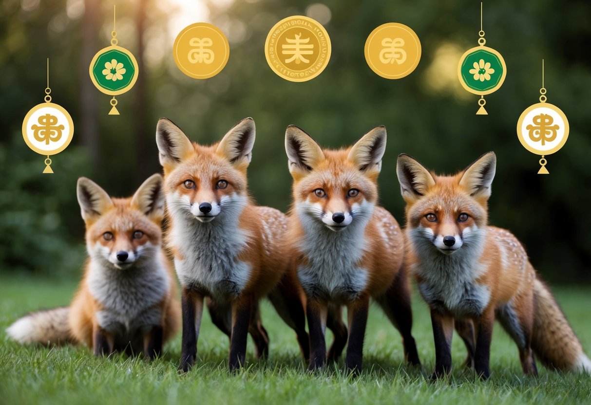 A group of foxes with various expressions, surrounded by symbols of luck and positivity