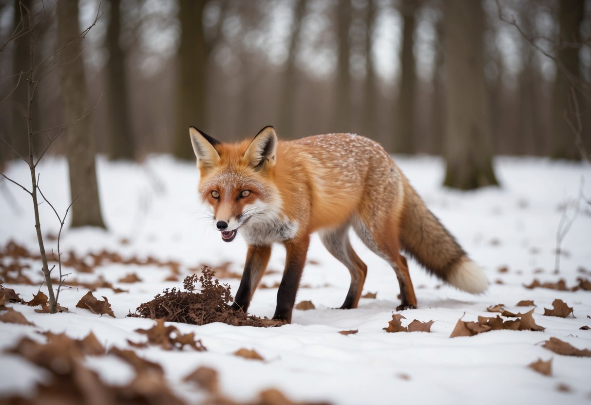 A red fox hunting for prey in a snowy woodland, surrounded by fallen leaves and bare trees