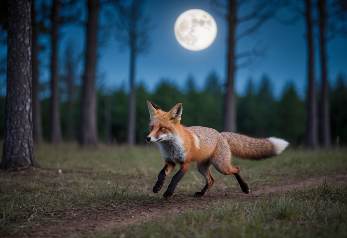 A fox startled by a loud noise, scampering away into the dense forest under the moonlit sky
