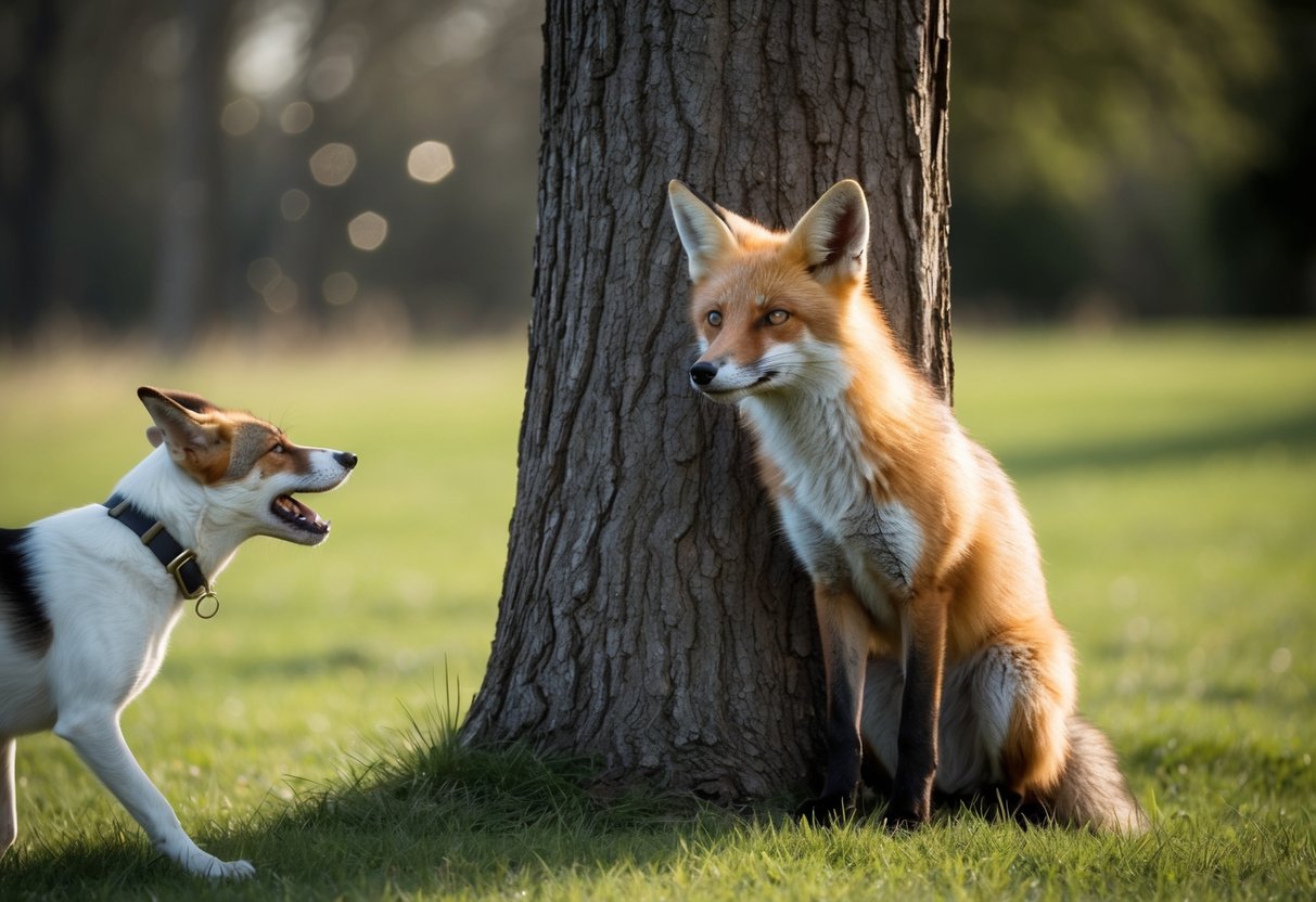 A fox cowers behind a tree, ears flattened, as a barking dog approaches
