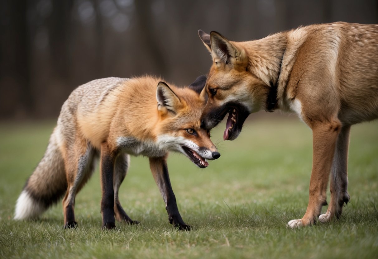 A fox cowers as a snarling dog looms over it in a tense standoff
