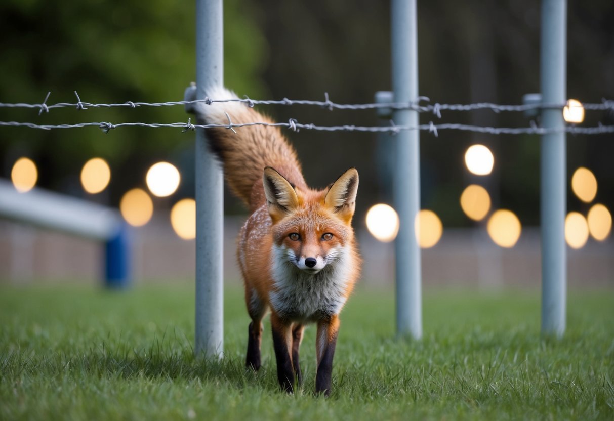 A fox repelled by a fence topped with barbed wire and surrounded by bright lights and loud noises