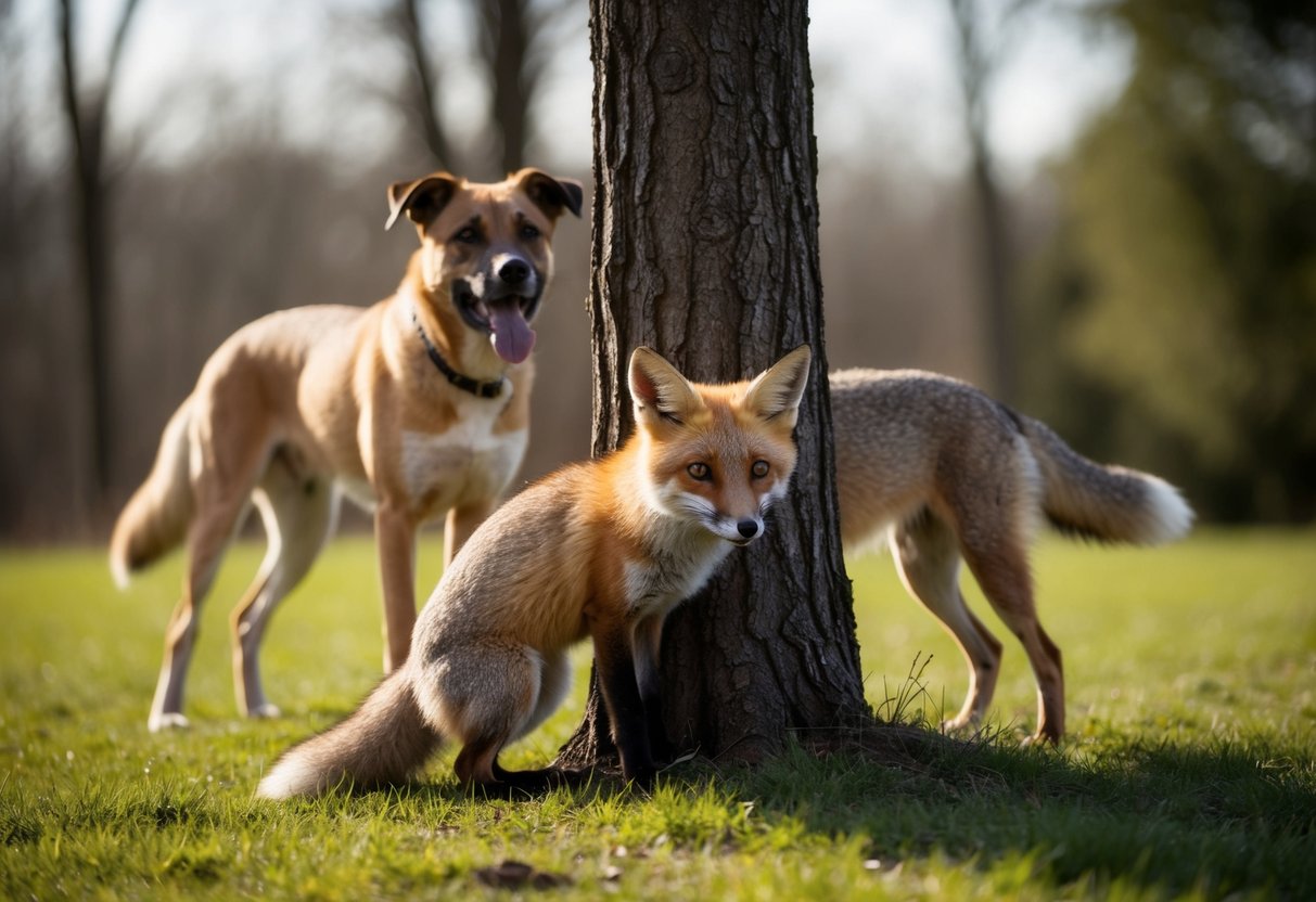 A small fox cowers behind a tree, ears flattened, as a large dog barks nearby