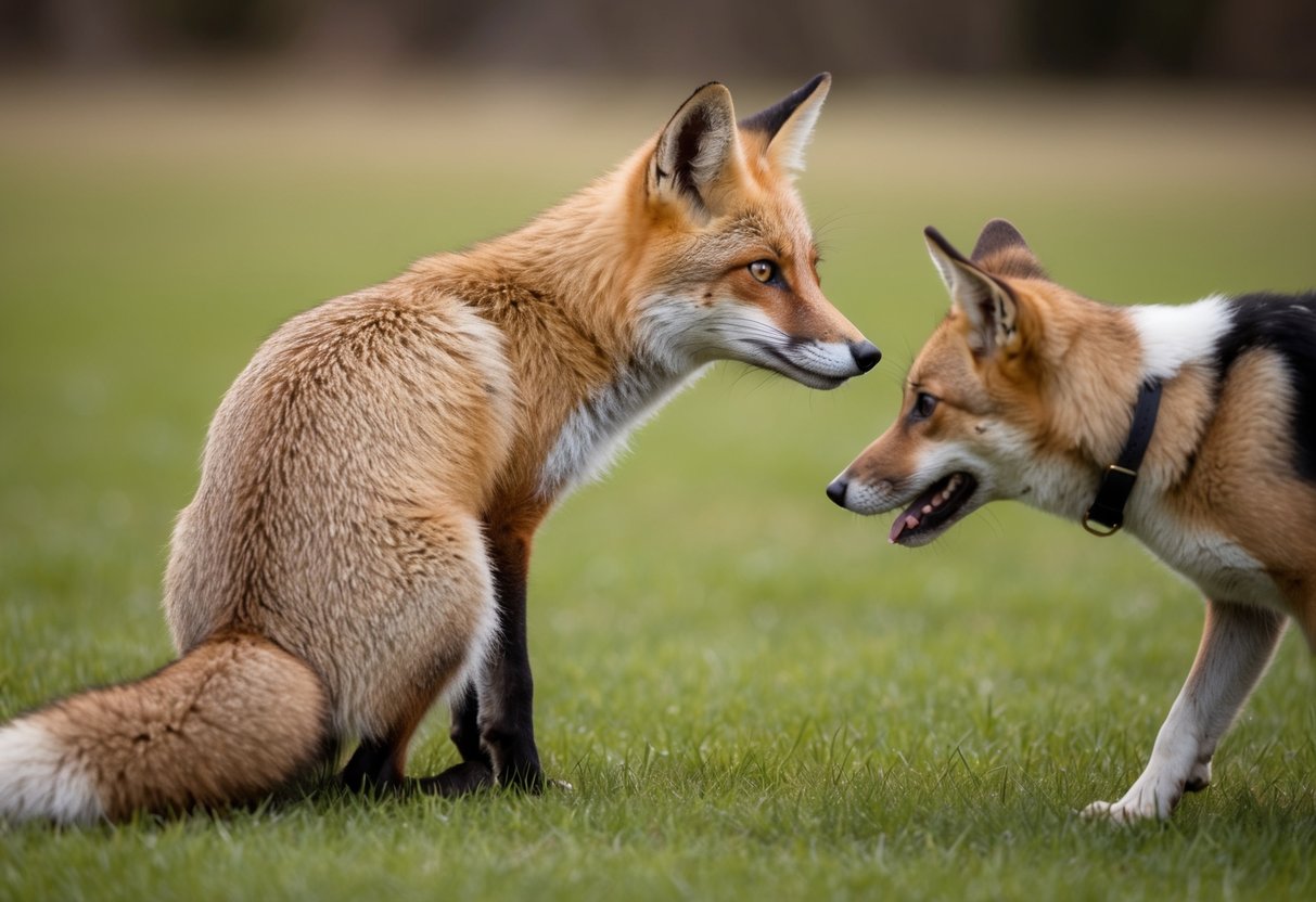 A fox cautiously watches a dog from a safe distance, its ears perked and tail low as it assesses the potential threat