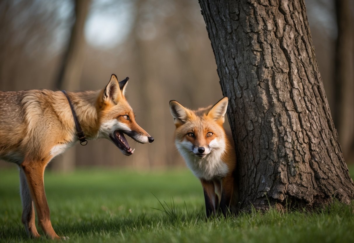 A fox cowers behind a tree as a snarling dog approaches, its fur raised in fear