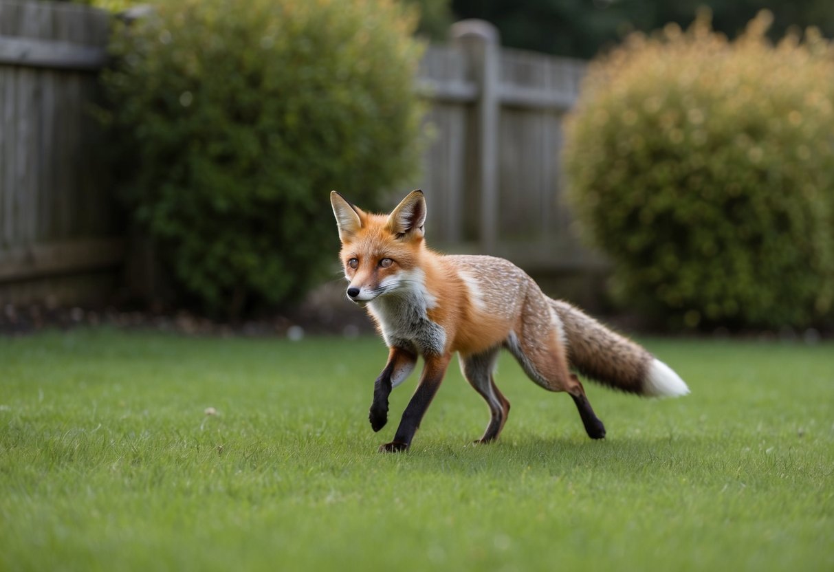 A fox fleeing from a garden, with a fence and bushes in the background