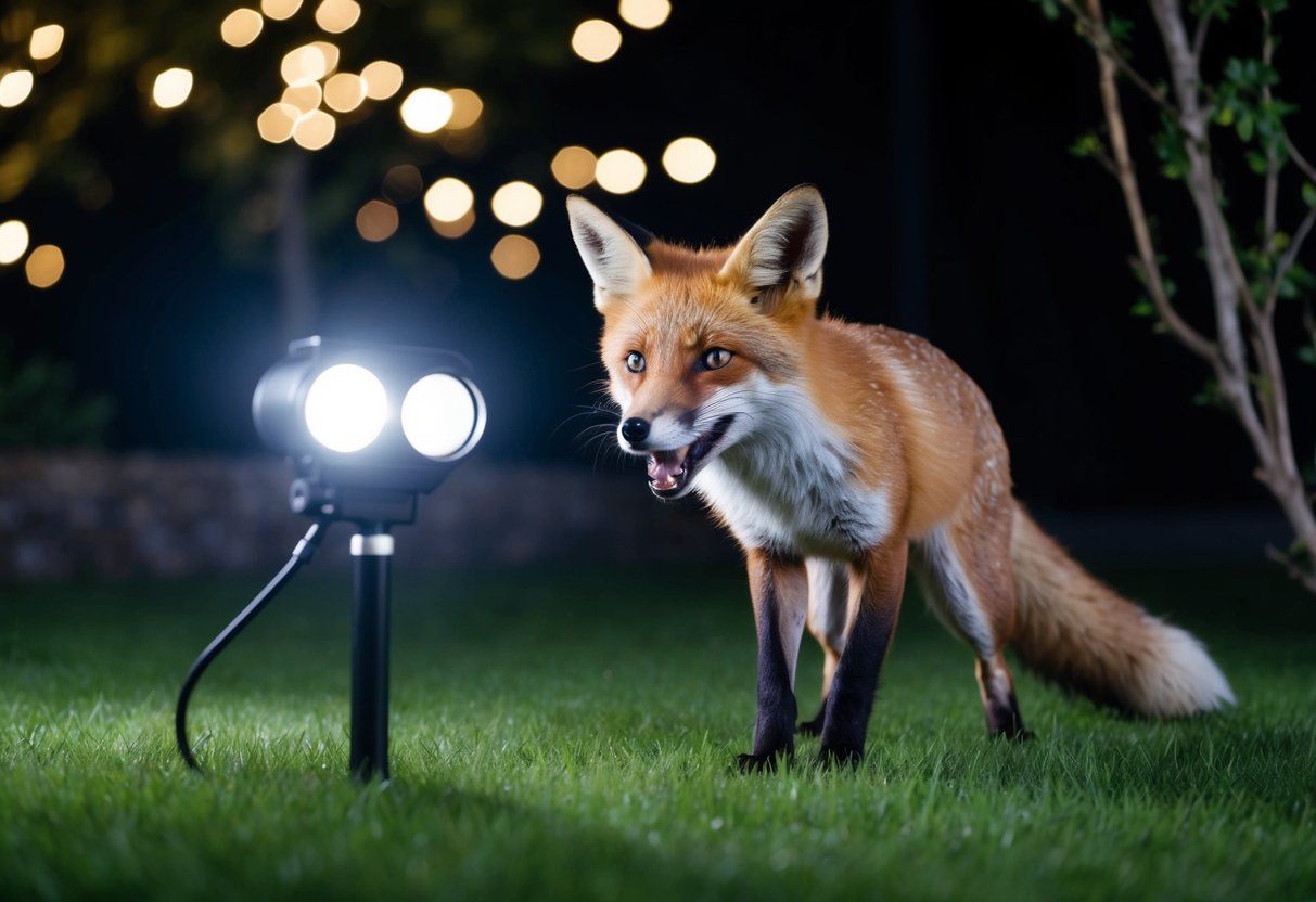 A fox recoiling from a loud noise and bright light in a garden at night