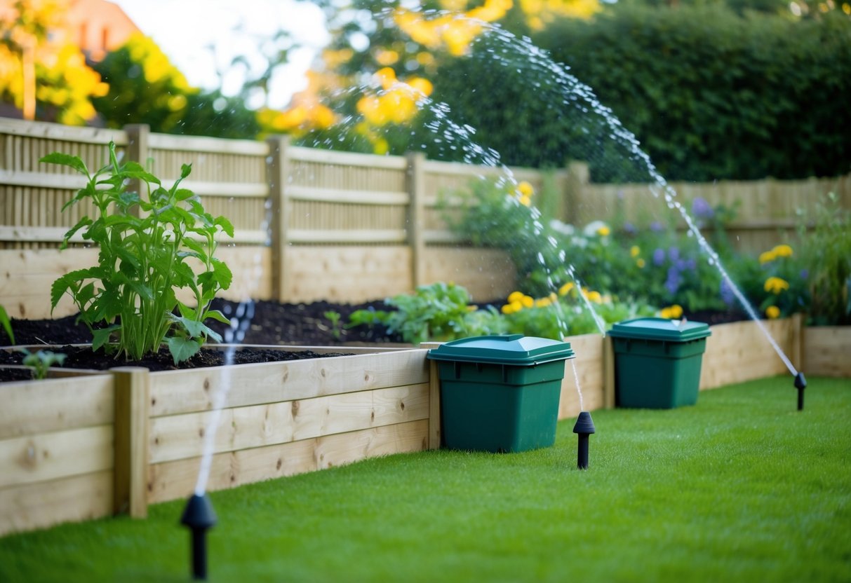 A garden with raised fences, motion-activated sprinklers, and secure compost bins to deter foxes