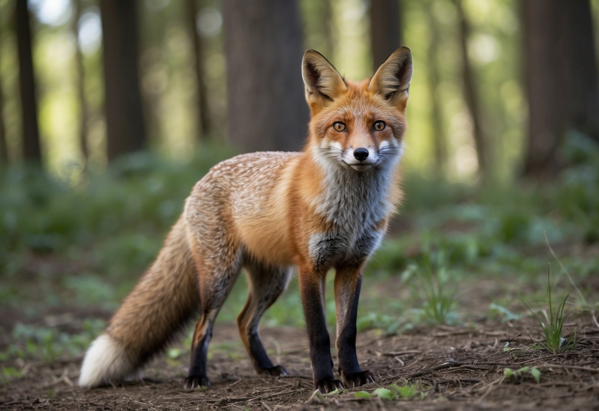 A fox stands alert in a forest clearing, ears perked and tail raised, gazing directly at the viewer with a curious and inquisitive expression
