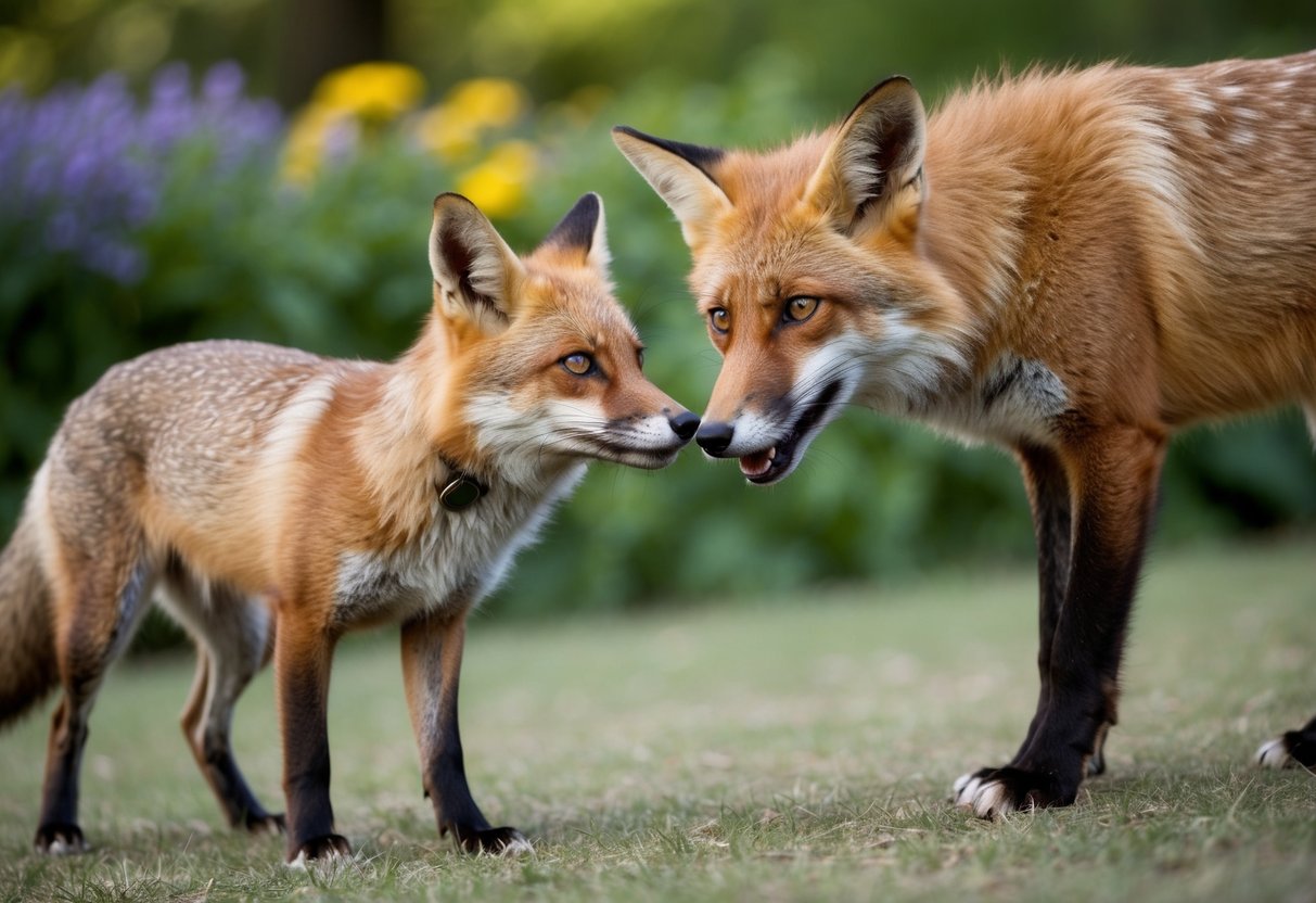 A fox cautiously approaches a friendly-looking dog, sniffing the air with curiosity